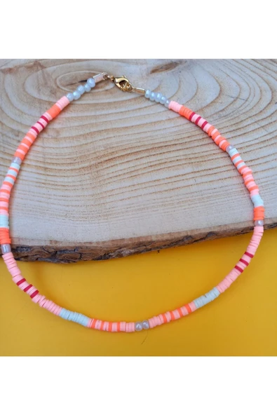 Pembe Beyaz Boncuk Fimo Kolye Renkli Kadın Kolye Pytkfımoklye0116 - Resim 3