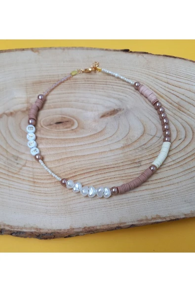 Baby Kahverengi Boncuk Fimo Kolye Renkli Kadın Kolye Pytkfımoklye0140 - Resim 3