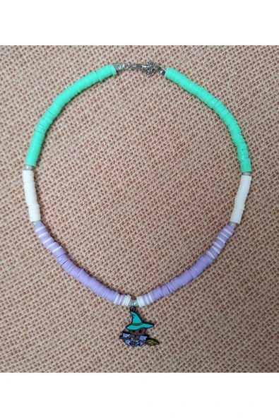 Yeşil Mor Kedi Boncuk Fimo Kolye Renkli Kadın Kolye Pytkfımoklye0127 ürün görseli