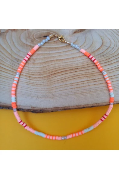 Pembe Beyaz Boncuk Fimo Kolye Renkli Kadın Kolye Pytkfımoklye0116 - Resim 4