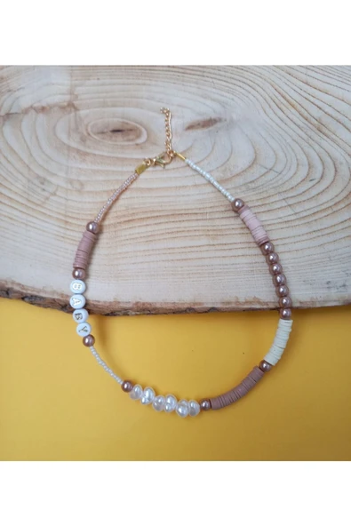 Baby Kahverengi Boncuk Fimo Kolye Renkli Kadın Kolye Pytkfımoklye0140 - Resim 4