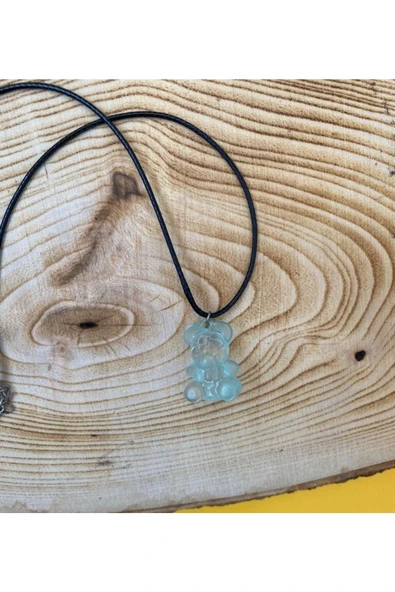 Mavi Ayıcık Kolye Unisex Suni Deri Ipli Kolye Pytkkolye175 - Resim 2