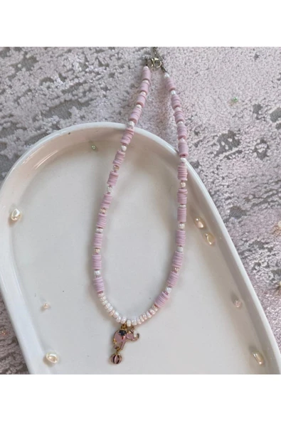 Fil Beyaz Pembe Boncuk Fimo Kolye Renkli Kadın Kolye Pytkfımoklye8 - Resim 2