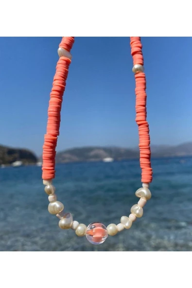 Turuncu Beyaz Renkli Boncuk Fimo Kolye Pytkfımo0025 - Resim 3