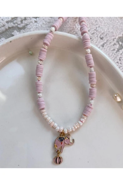 Fil Beyaz Pembe Boncuk Fimo Kolye Renkli Kadın Kolye Pytkfımoklye8 ürün görseli