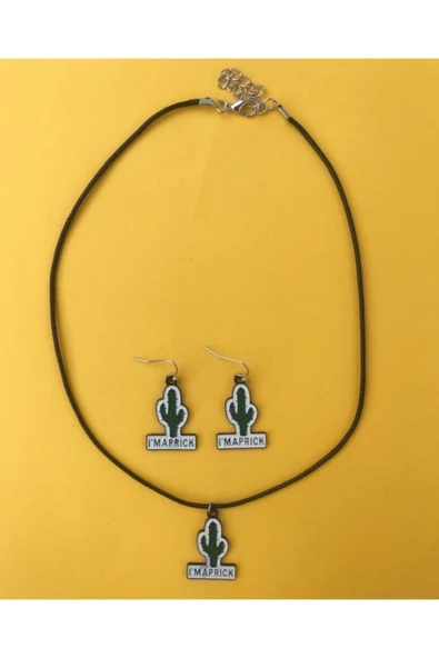 Kaktüs Bitki Kolye Küpe Renkli Unisex Metal Kolye Küpe Seti Pytkkkk0pe110 - Resim 3