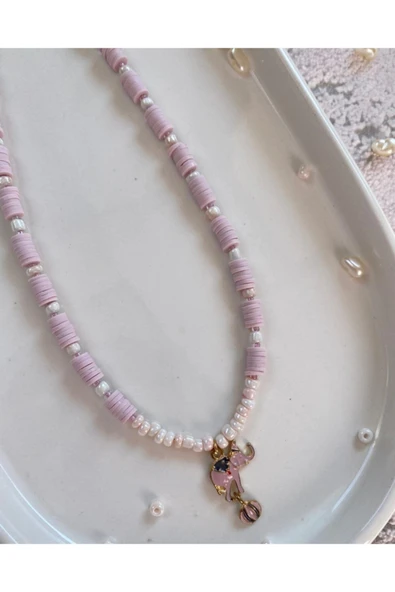 Fil Beyaz Pembe Boncuk Fimo Kolye Renkli Kadın Kolye Pytkfımoklye8 - Resim 3