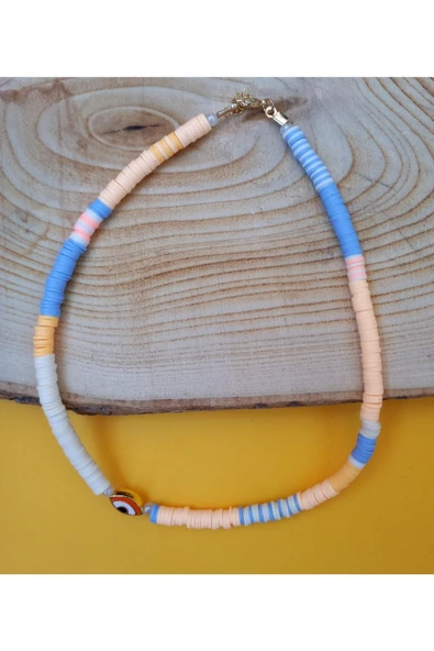 Ra'nın Gözü Mavi Pembe Boncuk Fimo Kolye Renkli Kadın Kolye Pytkfımoklye0109 - Resim 3