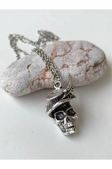 Kurukafa Skull Şapka Tüy Zincir Kolye PYTKZNKLY69 - Resim 3