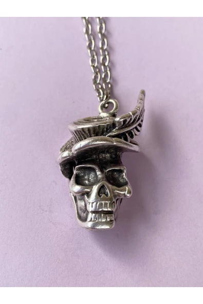 Kurukafa Skull Şapka Tüy Zincir Kolye PYTKZNKLY69 - Resim 2