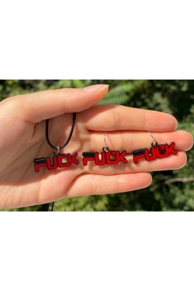 F*ck Yazılı Renkli Unisex Deri Ip Metal Kolye Küpe Seti Pytkkkt0017 - 3