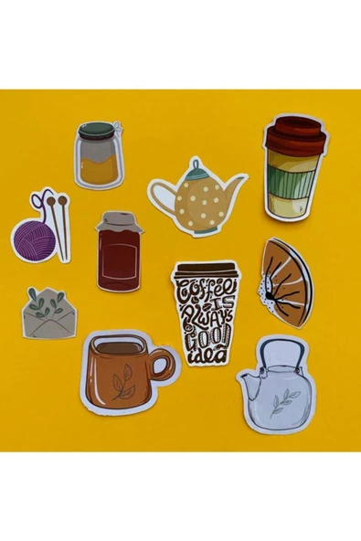 Coffee Kahve Tasarımlı Karışık Renkli 10'lu Stickers Çıkartma Pytkstk05