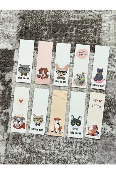 Kedi Köpek Hayvan Tasarım Karışık 10 Adet Kitap Ayraç Seti Pytkayrac101