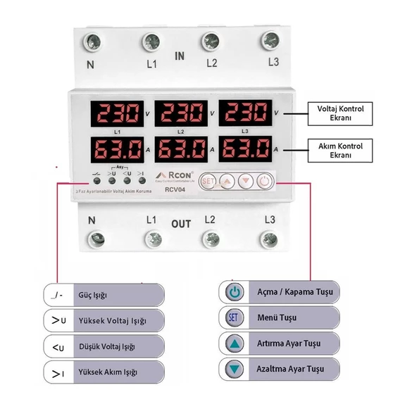 Rcon Rcv 04 Ray Tipi Trifaze Akım Koruyucu Voltaj  Koruyucu 63 A Sigorta - 2