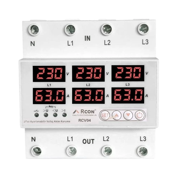 Rcon Rcv 04 Ray Tipi Trifaze Akım Koruyucu Voltaj Koruyucu 63 A Sigorta