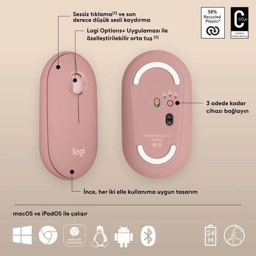 LOGITECH 910-007014, M350S Pembe, Pebble 2, Nano,