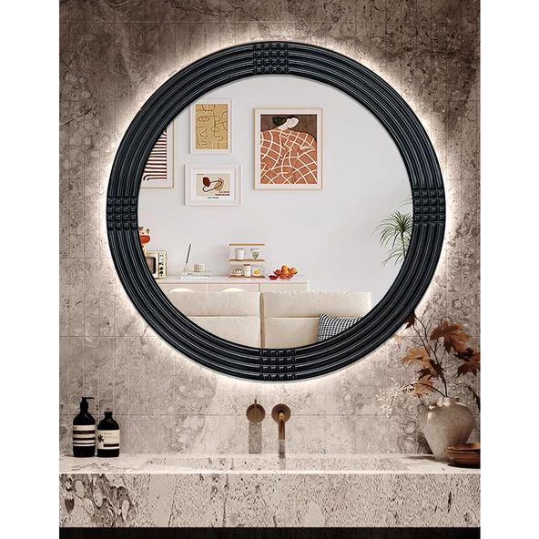 Led'li Işıklı Safir Siyah Dekoratif Ayna Yuvarlak Ayna İşlemeli Ahşap Duvar Aynası Tekli - 56 Cm