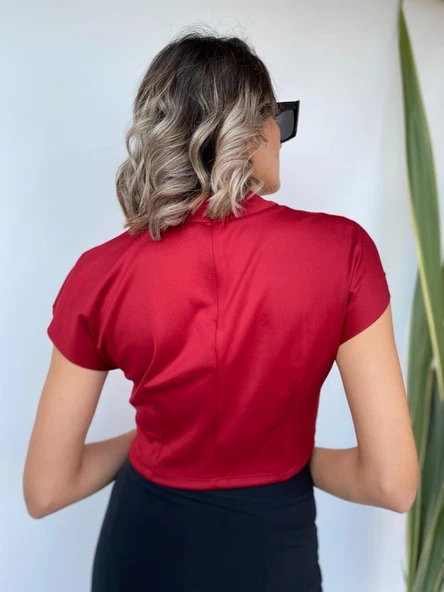 Kadın Kırmızı Crop Bluz - Resim 3