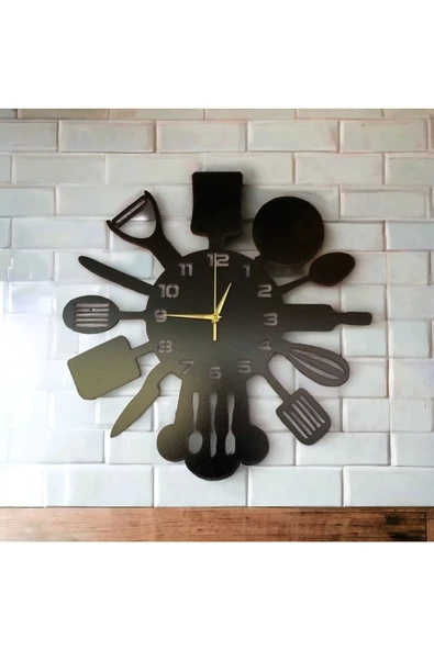 AA Shop Siyah Hediyelik Ahşap Dekoratif Mutfak Desenli Sessiz Duvar Saati 50cm