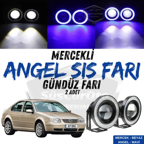 Vw Bora 1998-2006 Uyumlu Üniversal Mercekli Angel Sis Farı Metal Su Geçirmez 76 mm Mavi Halkalı Gündüz Farı Angel Eyes 2 Adet