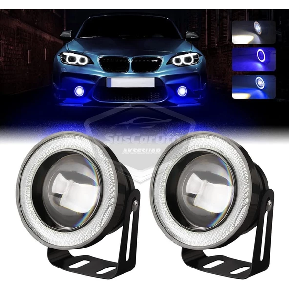 Vw Bora 1998-2006 Uyumlu Üniversal Mercekli Angel Sis Farı Metal Su Geçirmez 76 mm Mavi Halkalı Gündüz Farı Angel Eyes 2 Adet - 6