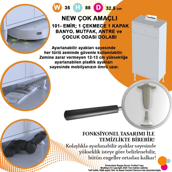 Modilayn EMİR 35 x 88 x 32,5 cm Kapaklı ve Çekmeceli Çok Amaçlı Banyo&Mutfak Dolabı - 5