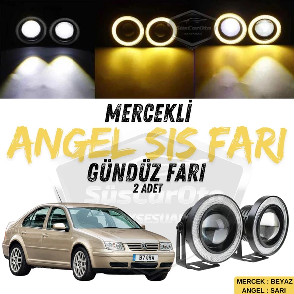 Vw Bora 1998-2006 Uyumlu Üniversal Mercekli Angel Sis Farı Metal Su Geçirmez 76 mm Sarı Halkalı Gündüz Farı Angel Eyes 2 Adet