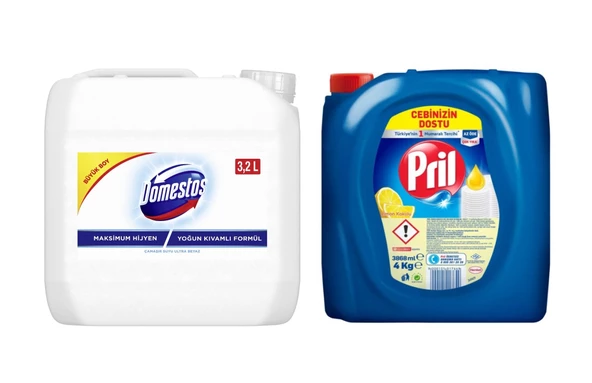 Pril Sıvı Bulaşık Deterjanı 4 KG + Domestos Ultra Beyaz Çamaşır Suyu 3.2 L (2'li set)