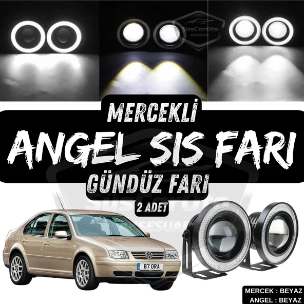 Vw Bora 1998-2006 Uyumlu Üniversal Mercekli Angel Sis Farı Metal Su Geçirmez 76 mm Beyaz Halkalı Gündüz Farı Angel Eyes 2 Adet