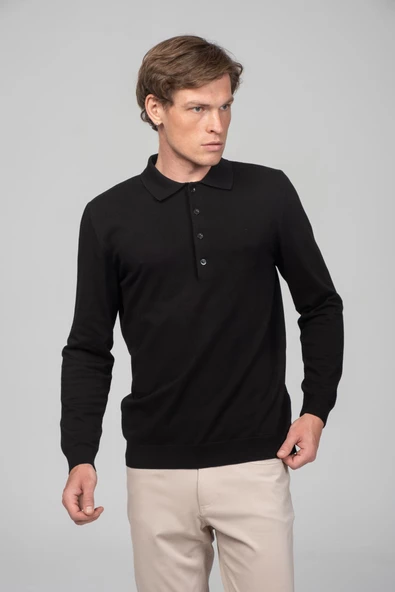 Erkek Uzun Kollu Polo Yaka Önü 4 Düğme Detaylı Pamuk Triko - 3