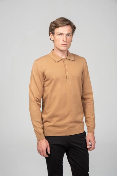 Erkek Uzun Kollu Polo Yaka Önü 4 Düğme Detaylı Pamuk Triko - 12