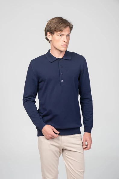 Erkek Uzun Kollu Polo Yaka Önü 4 Düğme Detaylı Pamuk Triko - 8