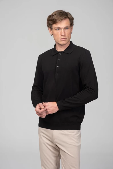 Erkek Uzun Kollu Polo Yaka Önü 4 Düğme Detaylı Pamuk Triko - 2