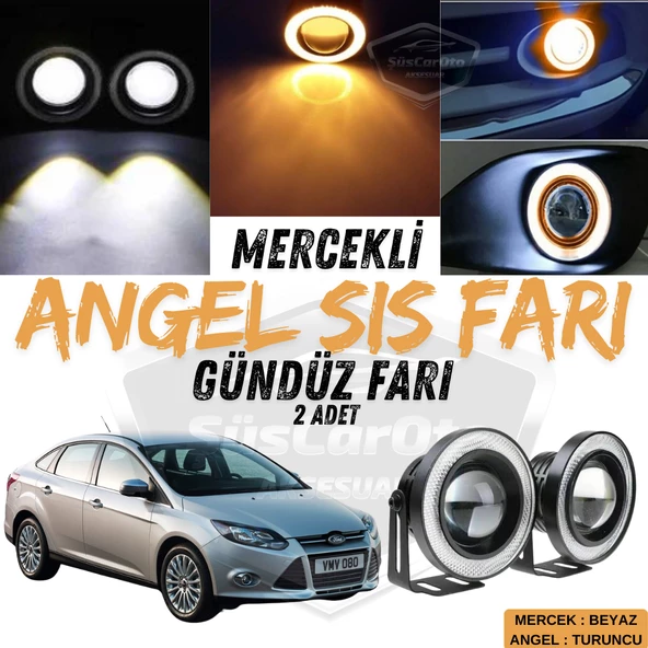Ford Focus 3 2011-2014 Uyumlu Üniversal Mercekli Angel Sis Farı Metal Su Geçirmez 76 mm Turuncu Halkalı Gündüz Farı Angel Eyes 2 Adet