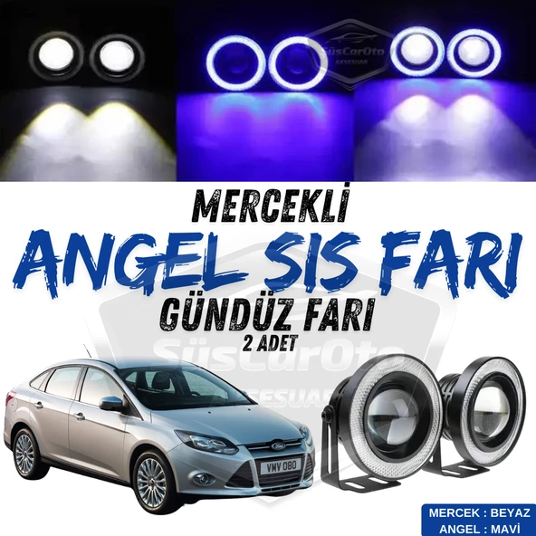 Ford Focus 3 2011-2014 Uyumlu Üniversal Mercekli Angel Sis Farı Metal Su Geçirmez 76 mm Mavi Halkalı Gündüz Farı Angel Eyes 2 Adet