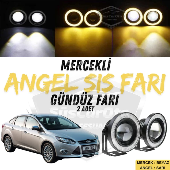 Ford Focus 3 2011-2014 Uyumlu Üniversal Mercekli Angel Sis Farı Metal Su Geçirmez 76 mm Sarı Halkalı Gündüz Farı Angel Eyes 2 Adet