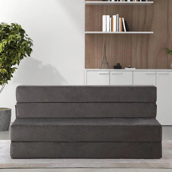 Valeria Çift Kişilik Kadife Katlanır Yatak Olabilen Koltuk Çift Kişilik - 125x200 Cm Açık Gri Çift - 7