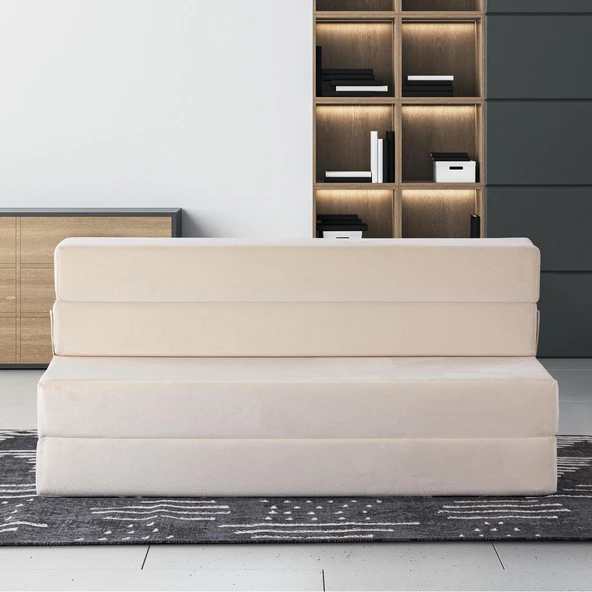 Valeria Çift Kişilik Kadife Katlanır Yatak Olabilen Koltuk Çift Kişilik - 125x200 Cm Bej Çift - 2