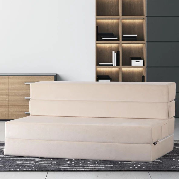 Valeria Çift Kişilik Kadife Katlanır Yatak Olabilen Koltuk Çift Kişilik - 125x200 Cm Bej Çift