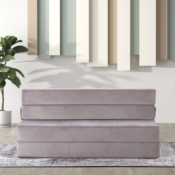 Valeria Çift Kişilik Kadife Katlanır Yatak Olabilen Koltuk Çift Kişilik - 125x200 Cm Açık Gri Çift