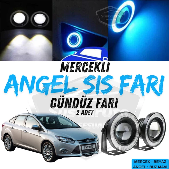 Ford Focus 3 2011-2014 Uyumlu Üniversal Mercekli Angel Sis Farı Metal Su Geçirmez 76 mm Buz Mavi Halkalı Gündüz Farı Angel Eyes 2 Adet