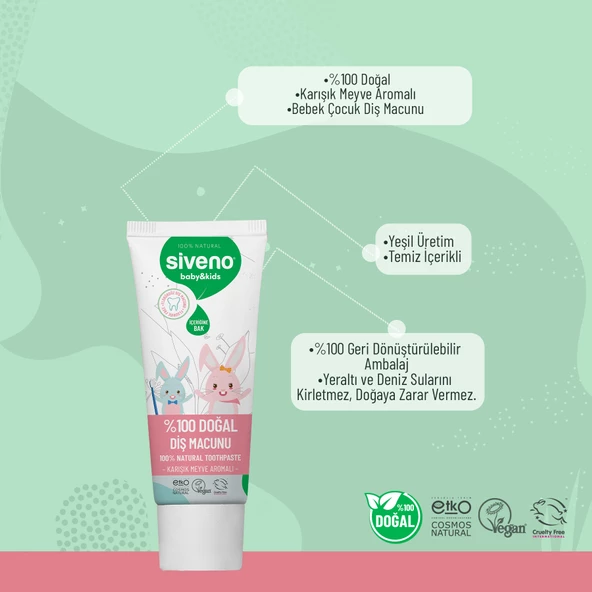 Siveno %100 Doğal Florürsüz Karışık Meyve Aromalı Bebek ve Çocuk İçin Diş Macunu 50 ml - 7