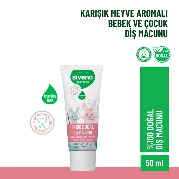 Siveno %100 Doğal Florürsüz Karışık Meyve Aromalı Bebek ve Çocuk İçin Diş Macunu 50 ml