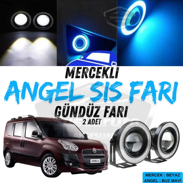Fiat Doblo D3 2010-2015 Uyumlu Üniversal Mercekli Angel Sis Farı Metal Su Geçirmez 76 mm Buz Mavi Halkalı Gündüz Farı Angel Eyes 2 Adet