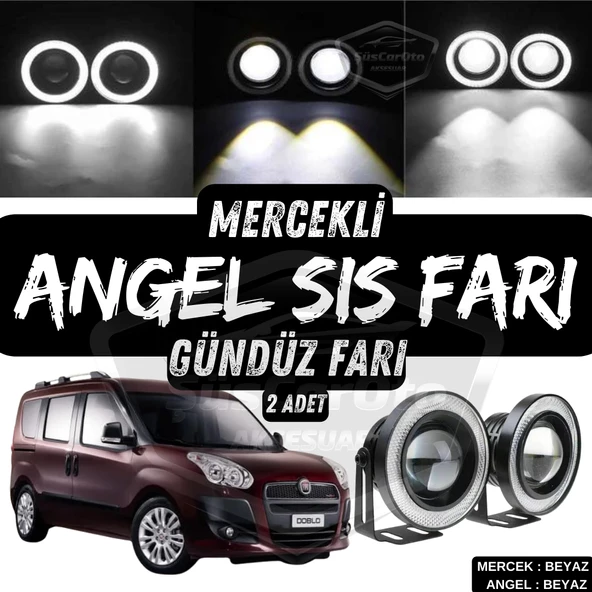 Fiat Doblo D3 2010-2015 Uyumlu Üniversal Mercekli Angel Sis Farı Metal Su Geçirmez 76 mm Beyaz Halkalı Gündüz Farı Angel Eyes 2 Adet