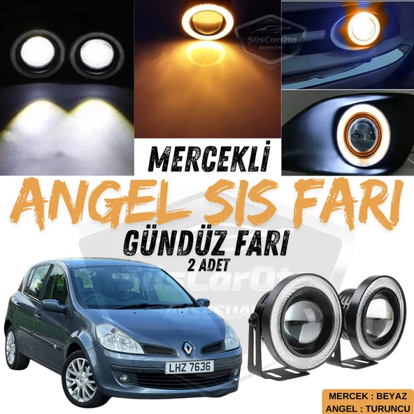 Renault Clio 3 2005-2013 Uyumlu Üniversal Mercekli Angel Sis Farı Metal Su Geçirmez 76 mm Turuncu Halkalı Gündüz Farı Angel Eyes 2 Adet