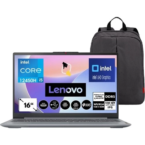 Lenovo Ideapad Slim 3 Intel Core I5 12450H 16GB Ddr5 512GB SSD Intel UHD Graphics 16 IPS Wuxga Freedos Işıklı Klavye Dizüstü Bilgisayar 83ES002HTR+SNERTECHÇANTA