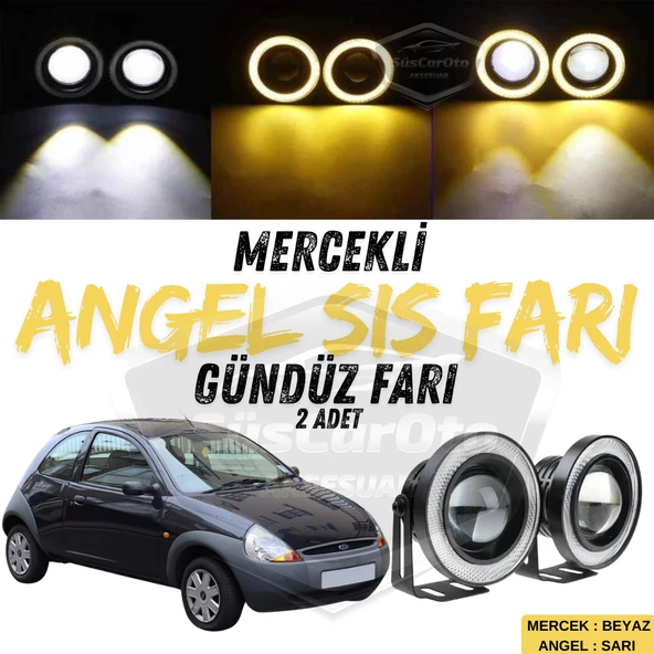 Ford Ka 1996-2008 Uyumlu Üniversal Mercekli Angel Sis Farı Metal Su Geçirmez 76 mm Sarı Halkalı Gündüz Farı Angel Eyes 2 Adet