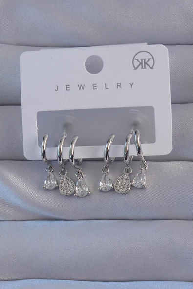 Pirinç Gümüş Renk Zirkon Taşlı Damla Model Çoklu Görünüm Yarım Halka Küpe - TJ-BKP9141 ürün görseli