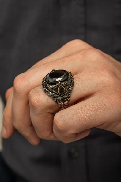 Siyah Taşlı Oval Motifli 925 Gümüş Erkek Yüzük - Resim 5